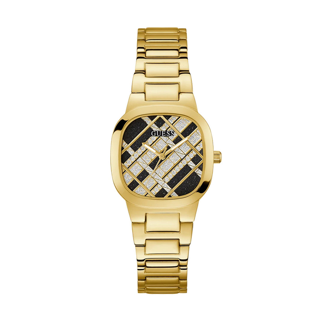 Gold metal wristwatch for Women with square face, geometric crystal-set dial and metal link bracelet