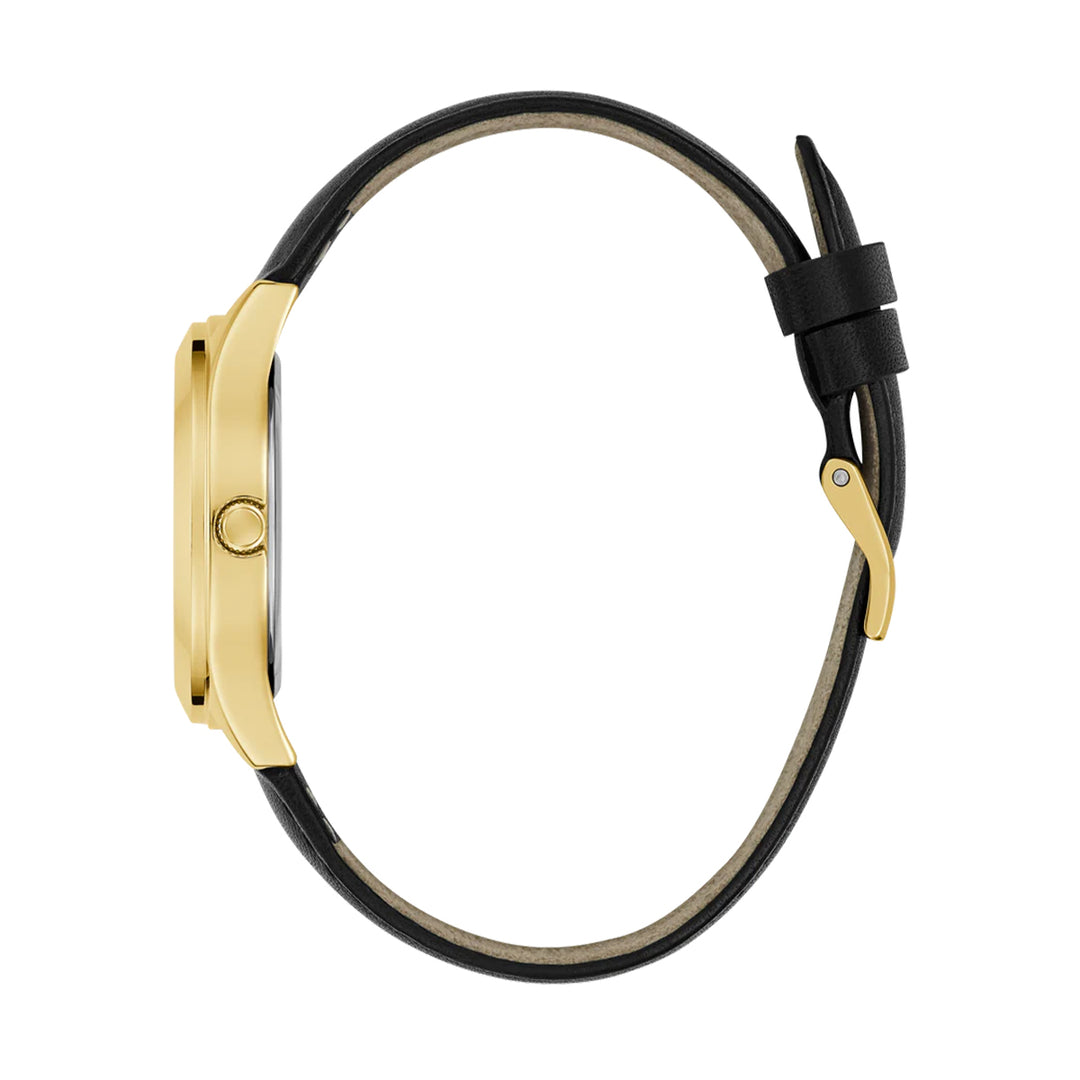 Gold case wristwatch with black mineral dial and leather strap, elegant dress watch for Man