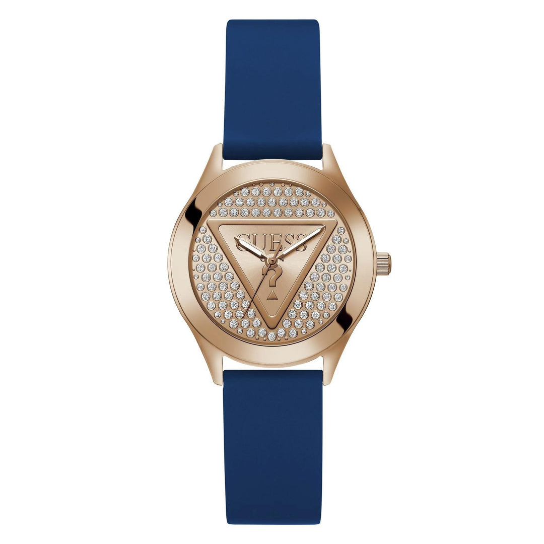 Rose gold 34mm watch with crystal-set mineral dial and blue silicone strap on neutral background