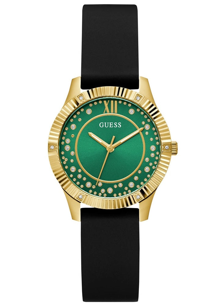 Gold-tone 34mm wristwatch with green-black silicone strap, crystal-set bezel, mineral dial