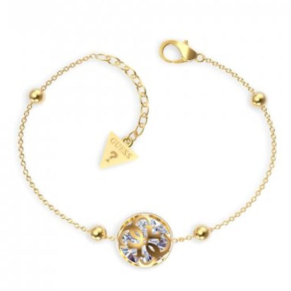 Gold chain bracelet with beaded links and round pendant featuring cut-out design on adjustable chain