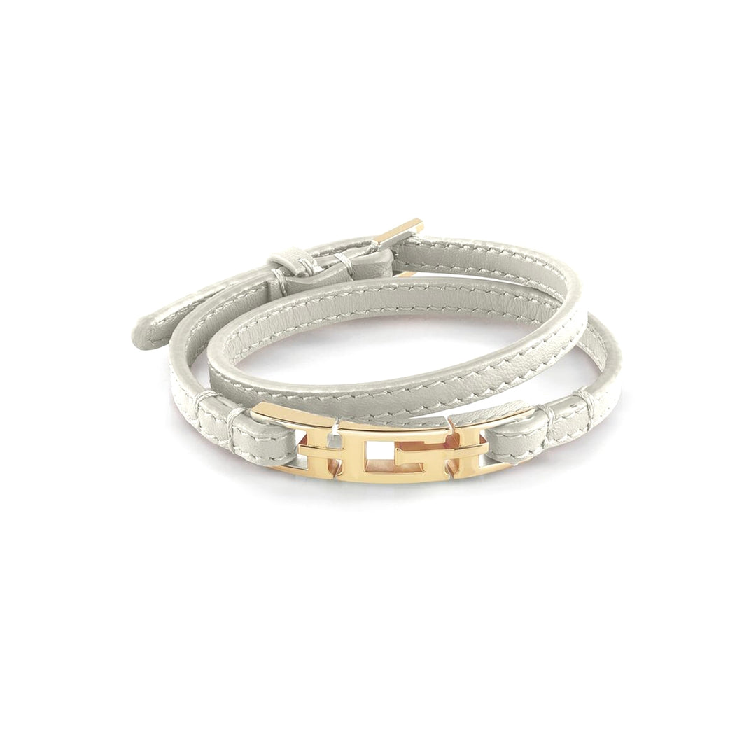 Light gray double-wrap leather bracelet with visible stitching and gold metal clasp on neutral background