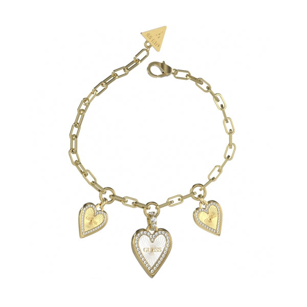 Gold-tone charm bracelet with heart-shaped rhinestone charms on chain links, photographed on neutral background