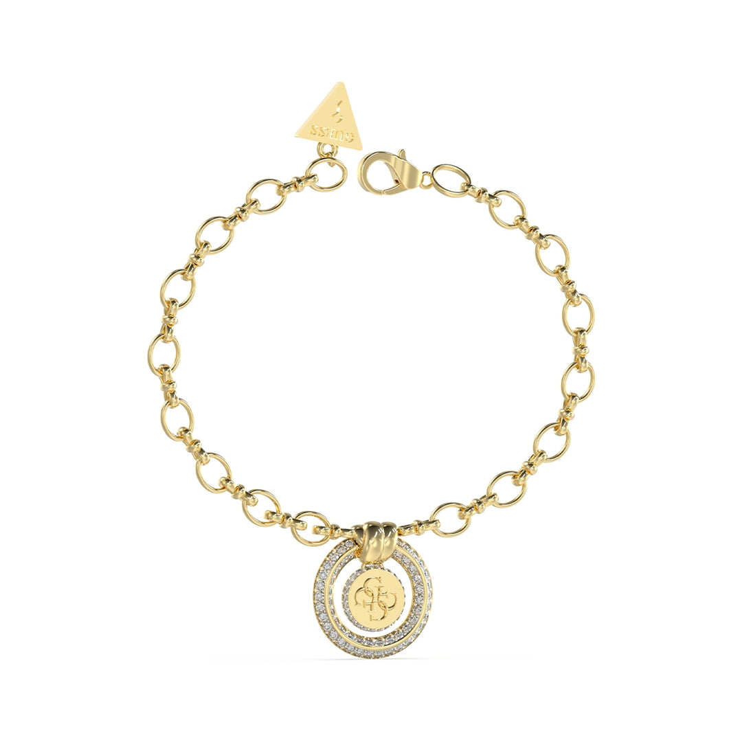 Gold chain bracelet with circular stone-embedded pendant and triangular brand tag, lobster clasp visible
