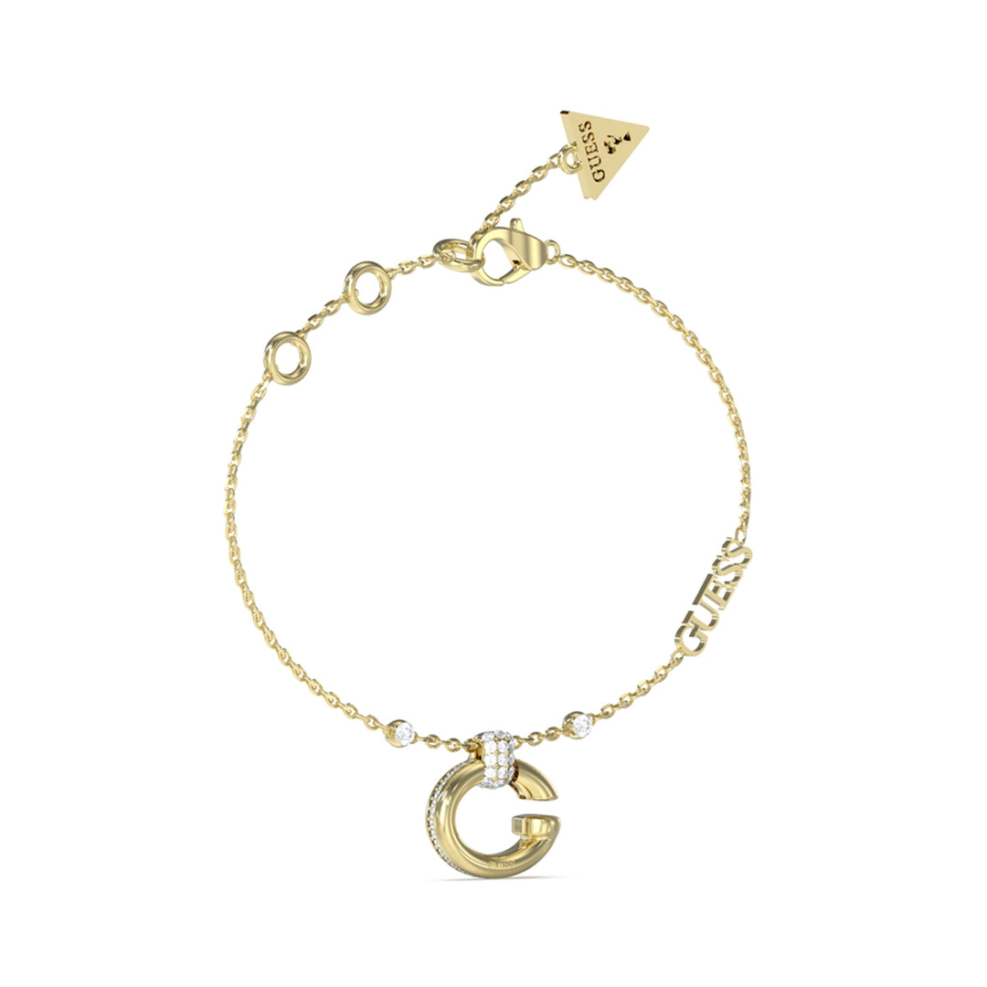 Delicate gold chain bracelet with Letter G charm, crystals, and triangular charm on white