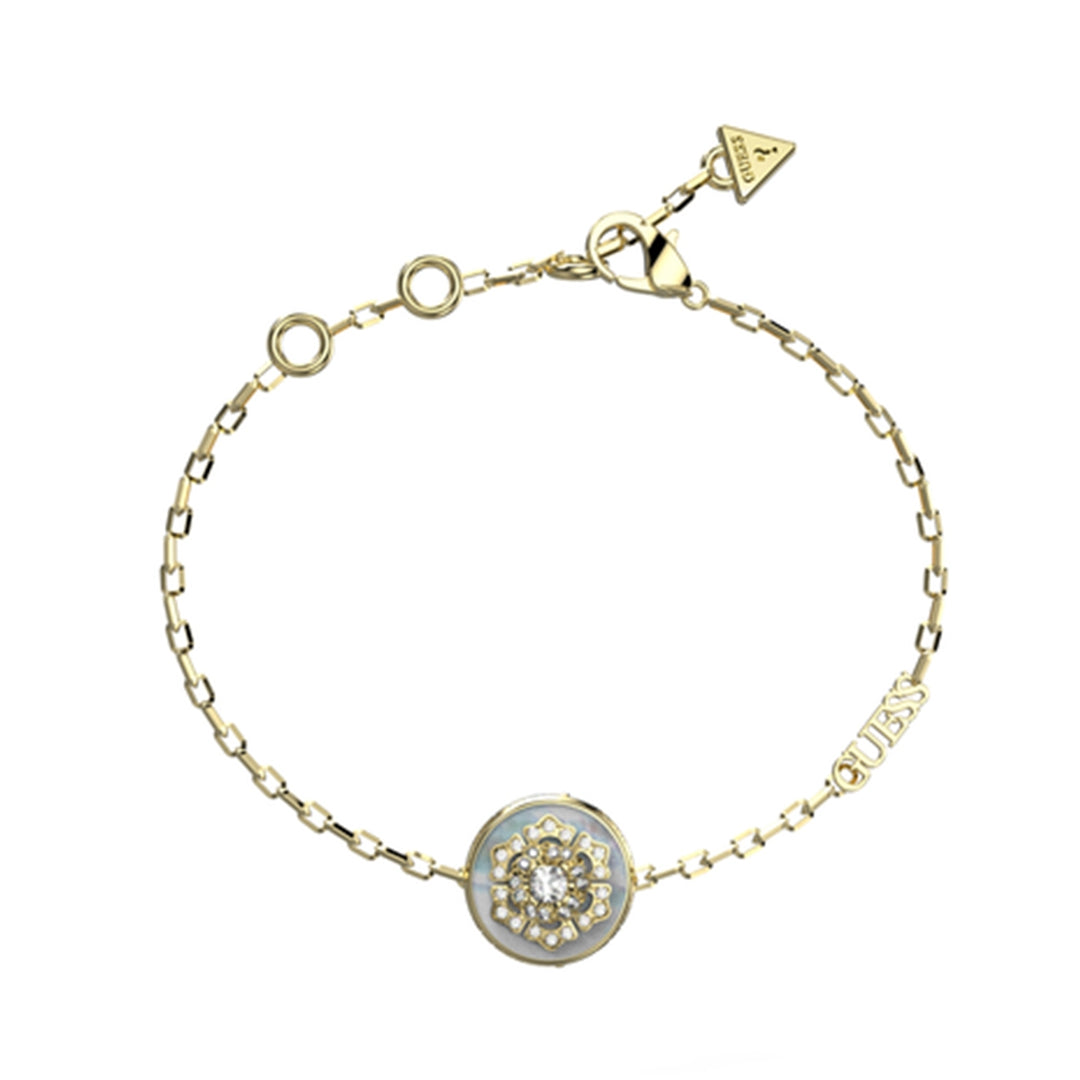 Gold chain bracelet with round crystal pendant and GUESS logo charm on lobster clasp