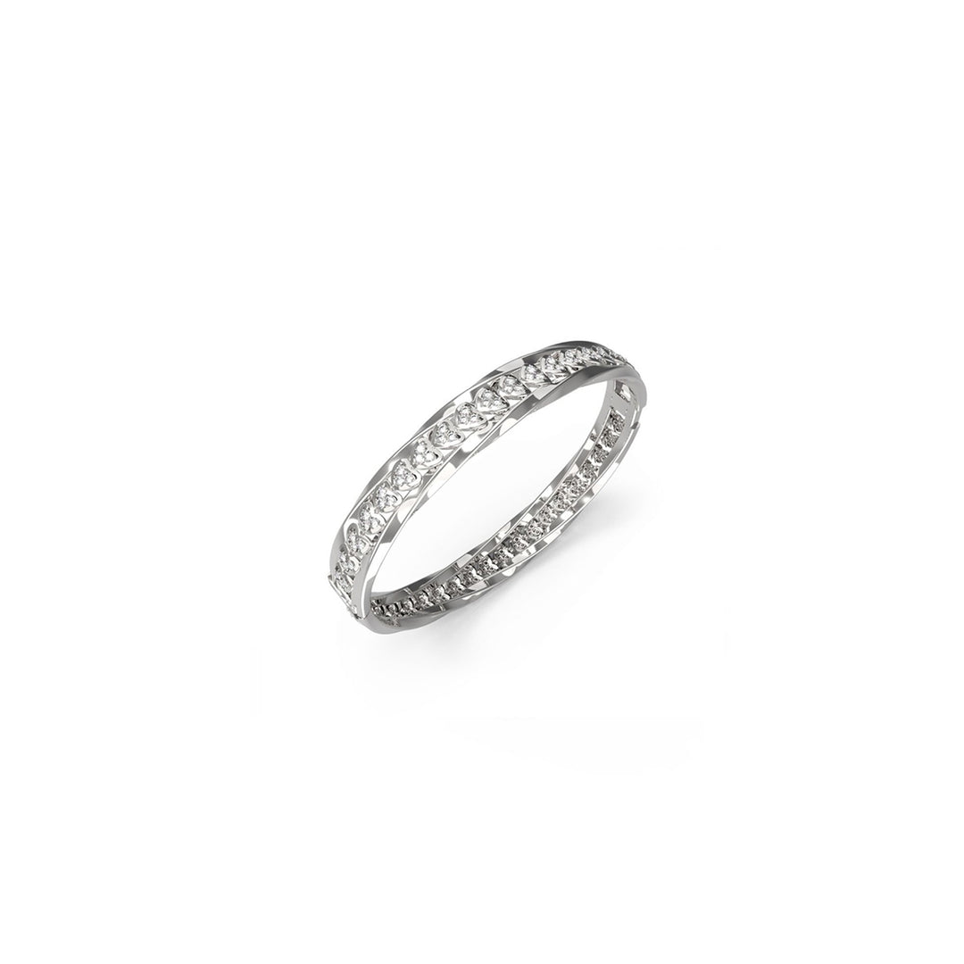 Silver cocktail ring for Women with embedded clear stones and polished metal finish photographed on white