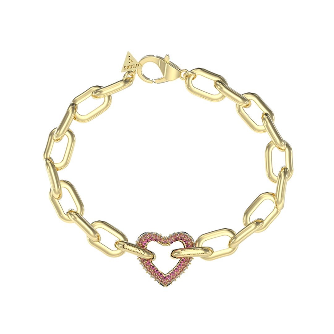Gold chain bracelet with large links and heart-shaped charm set with pink stones, lobster clasp visible