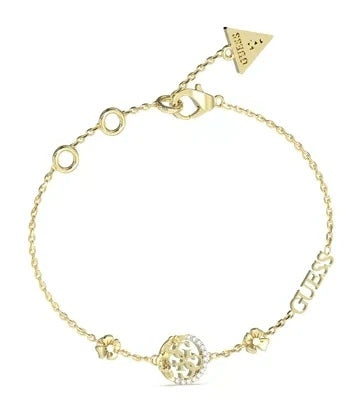 Delicate gold chain bracelet with flower charms and circular cut-out Guess logo charm on lobster clasp