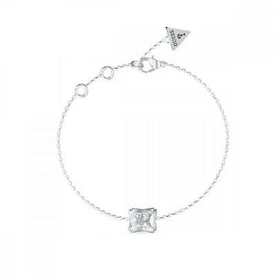 Minimalist silver chain bracelet featuring a bezel-set square gemstone pendant and adjustable clasp on a white background