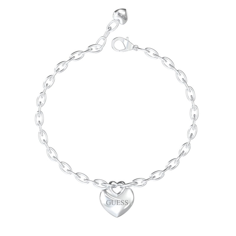 Silver chain bracelet with heart-shaped charm and lobster clasp on neutral background, polished metal links