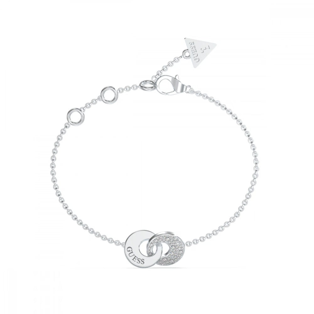 Silver chain bracelet with two interlocking circular pendants, one studded with crystals and a small triangle charm