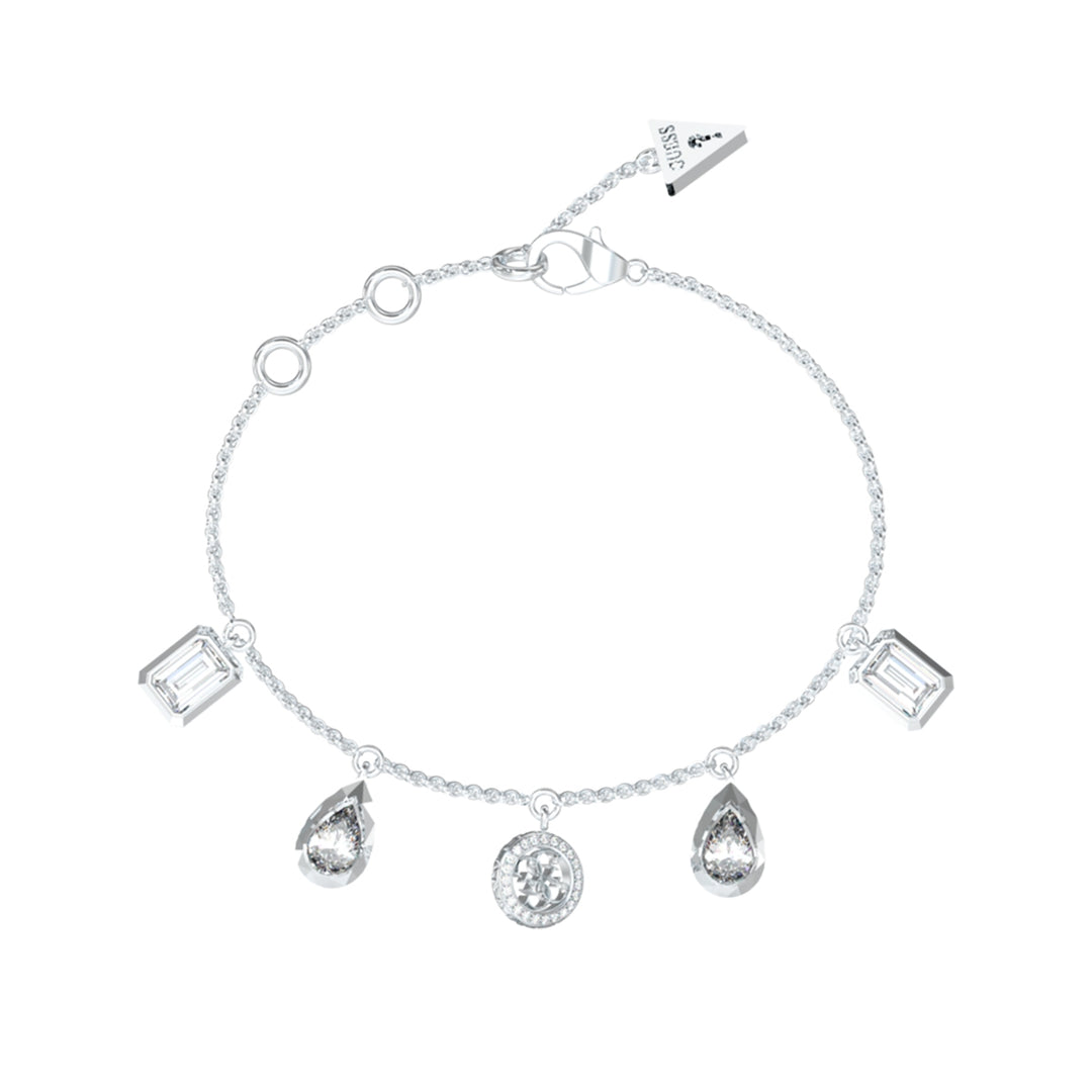 Silver charm bracelet on neutral background showing chain links, dangling gemstone charms, and clasp