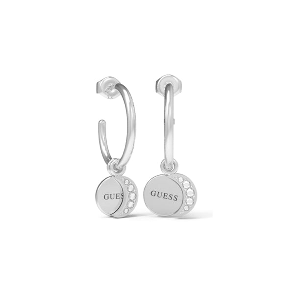 Pair of polished silver hoop earrings with round charms set with small sparkling stones, minimalist elegant design