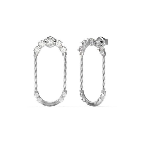 Silver oval drop earrings with embedded clear stones and chain connectors on white background