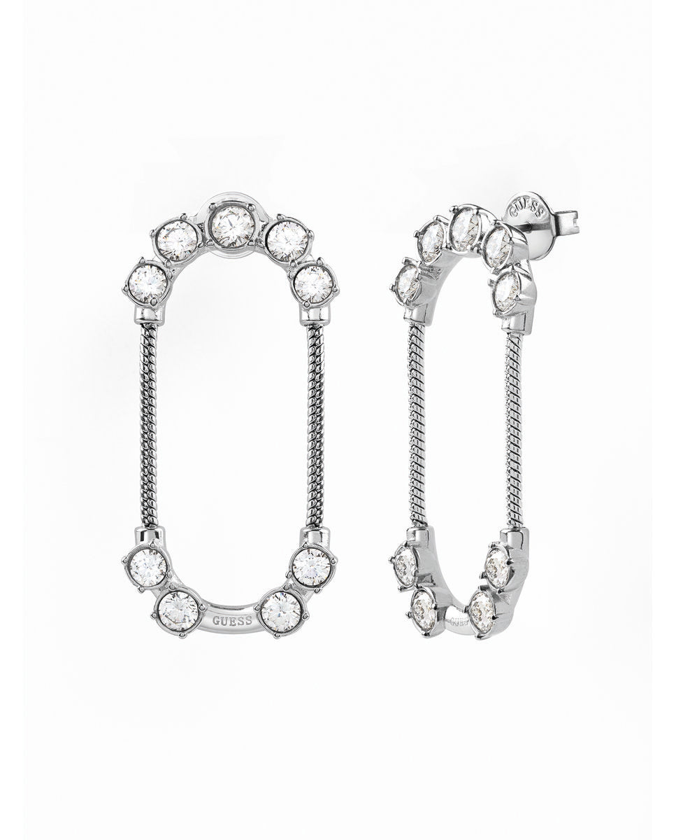 Silver oval drop earrings with embedded clear stones and chain connectors on white background