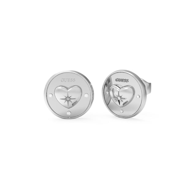 Pair of silver heart-shaped round stud earrings with embedded pavé stones on white background