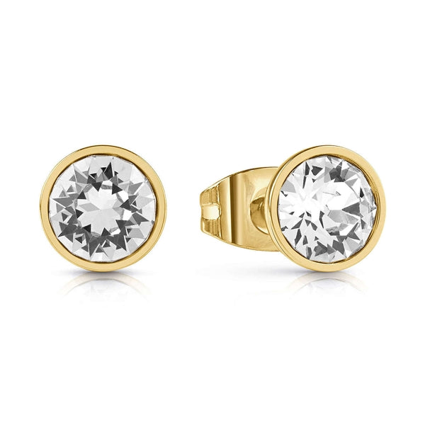Pair of gold-tone stud earrings with round faceted clear crystals on white background, front view