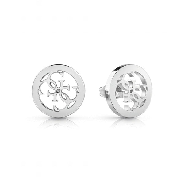 Pair of silver round stud earrings with cut-out centers on white background, modern minimalist metal design