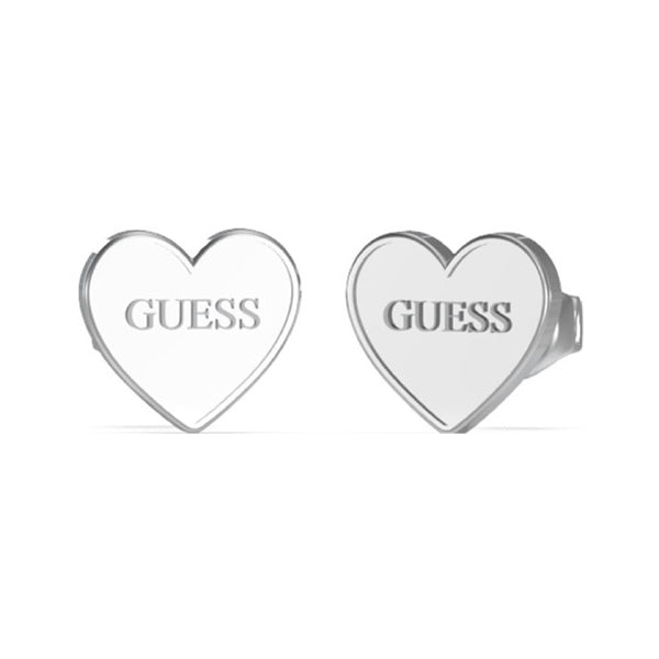 Silver metal heart stud earrings with embossed text, close-to-lobe minimal design for Women