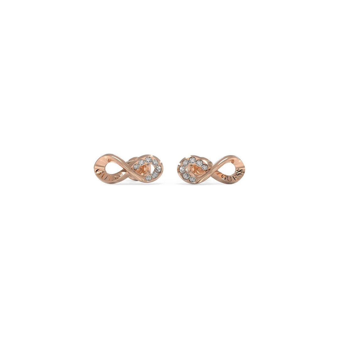 Rose gold infinity stud earrings with embedded clear stones on white background, metal posts visible