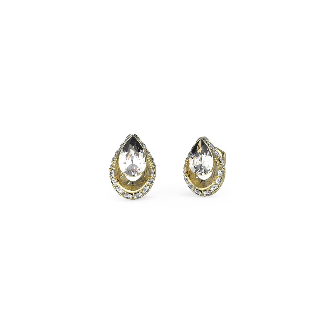 Gold teardrop earrings with central clear gemstone and surrounding smaller clear stones, polished metal finish