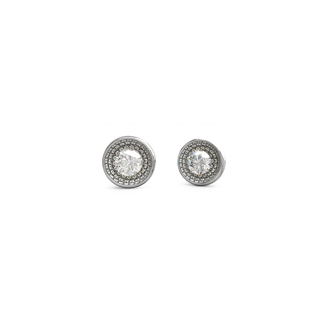 Pair of silver stud earrings with large central clear crystal and surrounding smaller crystals on silver base