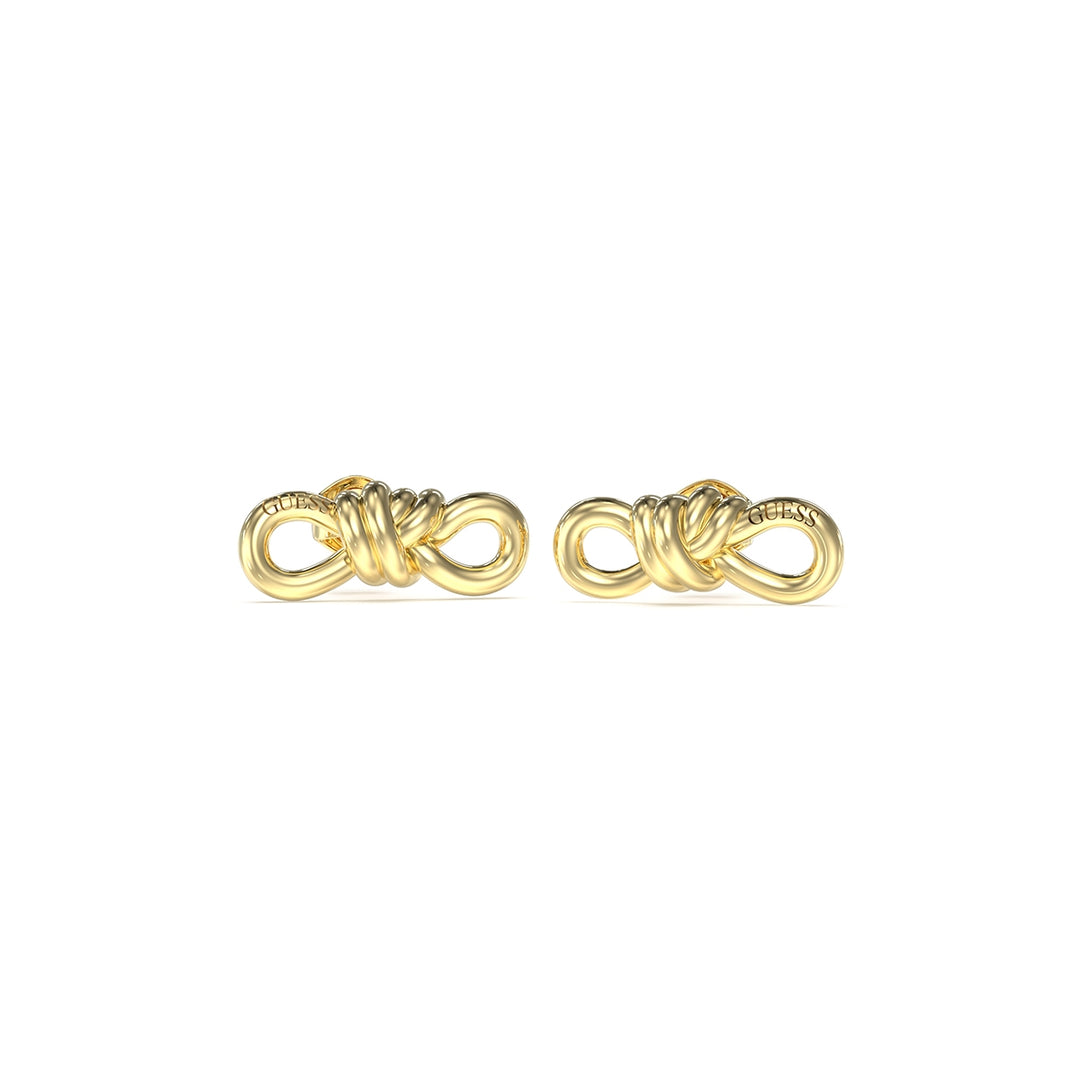 Gold-toned sculpted knot stud earrings with engraved Guess detail on push-back posts