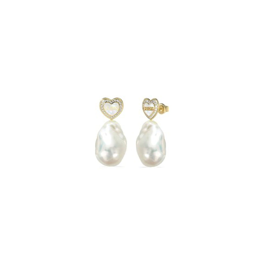 Gold heart stud earrings with pavé stones and hanging white pearl drops on white background