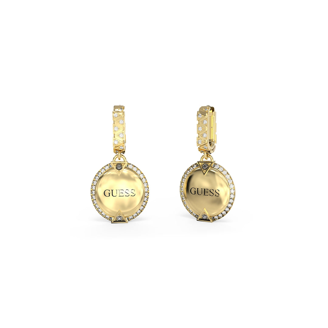 Gold hoop earrings with round pendant, pavé stones and triangular stone accents on polished metal
