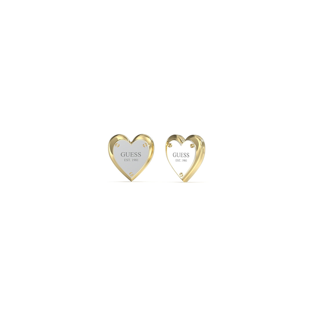 Gold and silver heart stud earrings featuring visible screw detail and polished metal finish