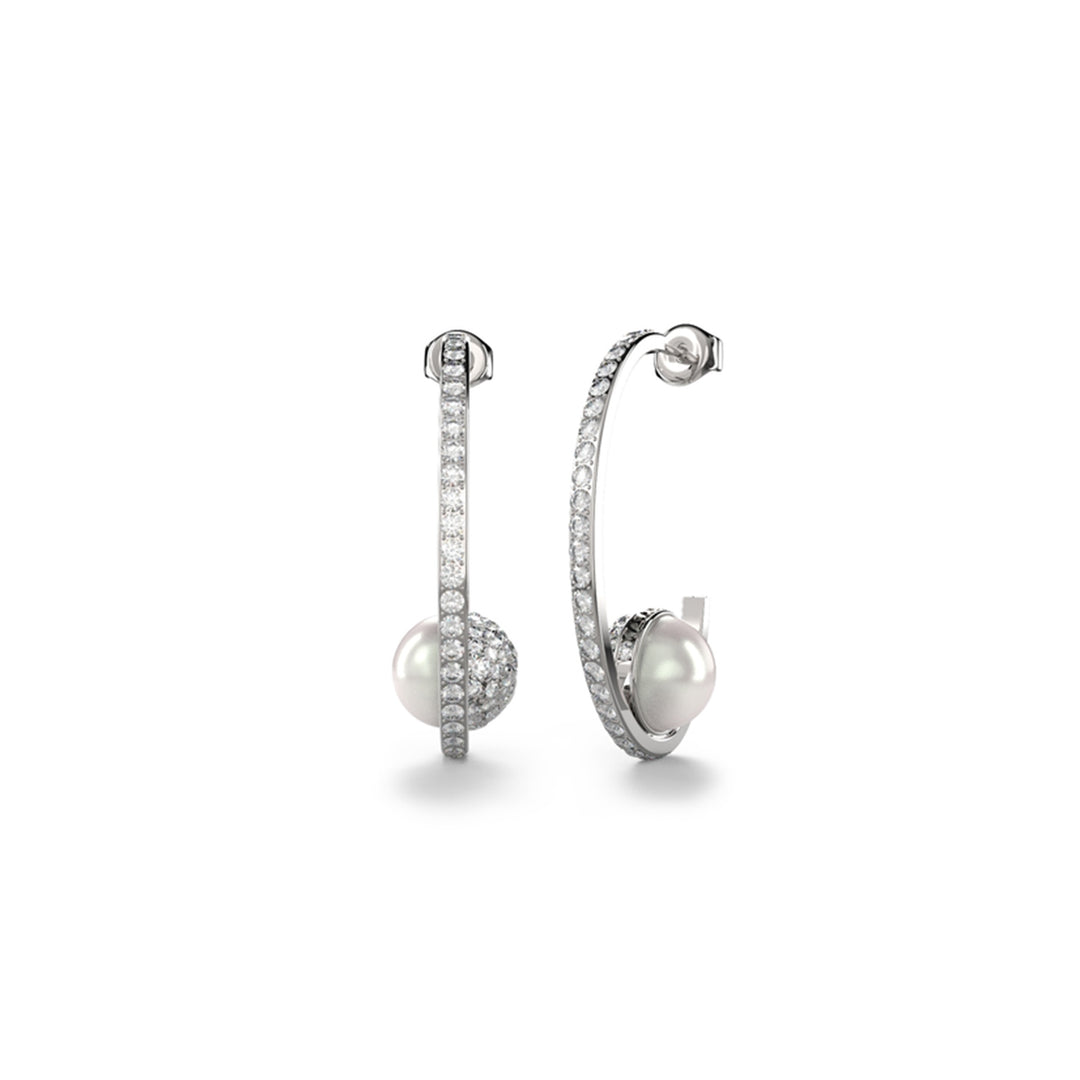 Silver hoop earrings featuring a central pearl and small embedded crystals on polished metal