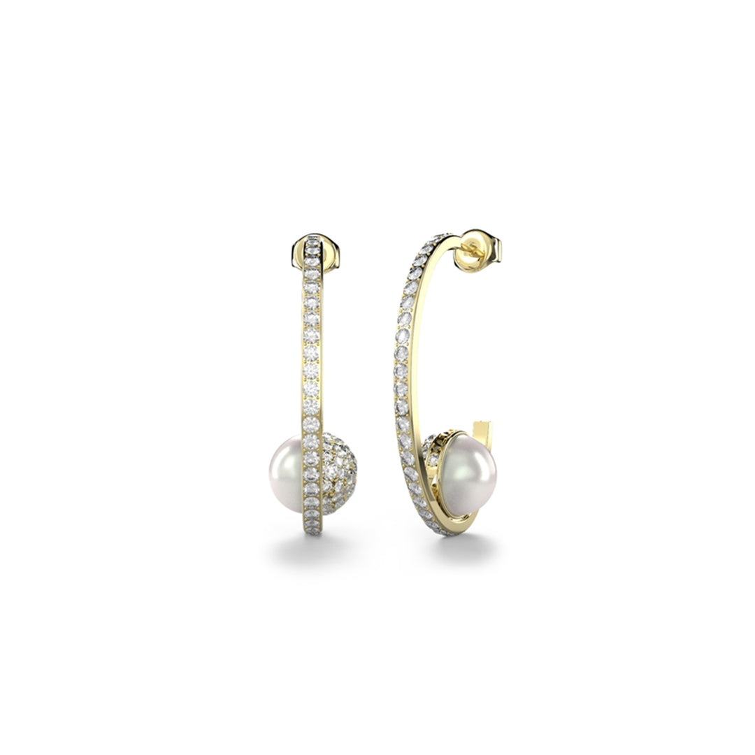 Gold hoop earrings adorned with cultured pearls and small clear gemstones on a white background
