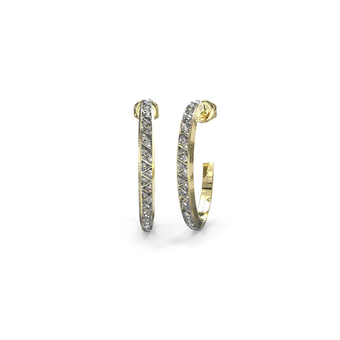 Gold and silver hoop earrings studded with clear stones on white background, elegant mixed-metal design for Women
