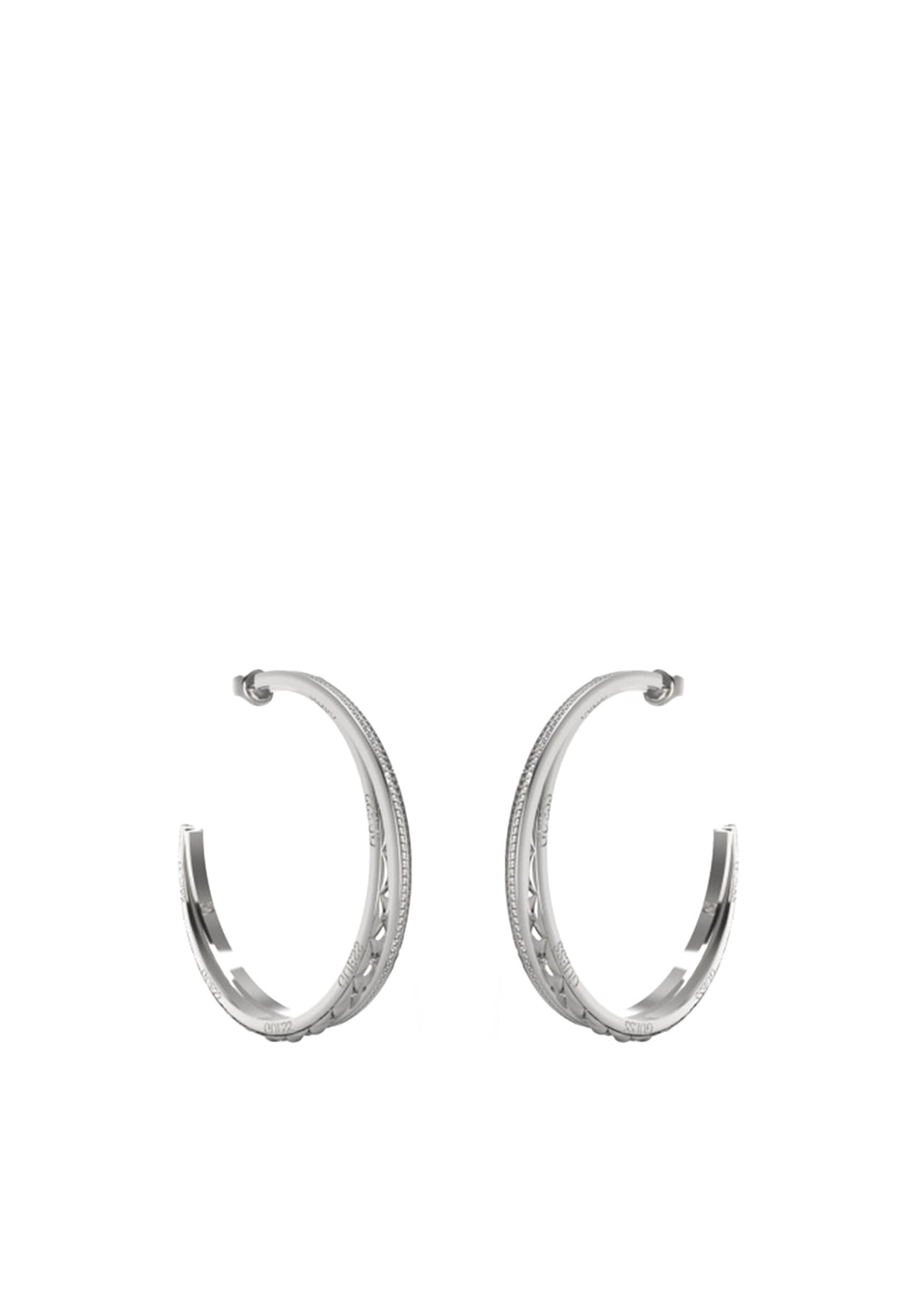 Pair of silver-tone textured hoop earrings with engraved pattern and hinge closure, modern design for Women
