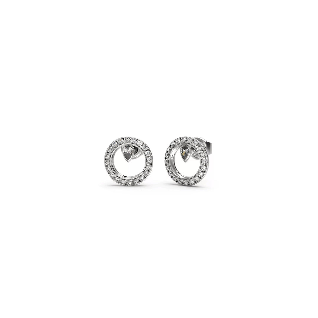 Silver circular hoop earrings with pavé stones and a suspended teardrop-shaped stone inside the circle.