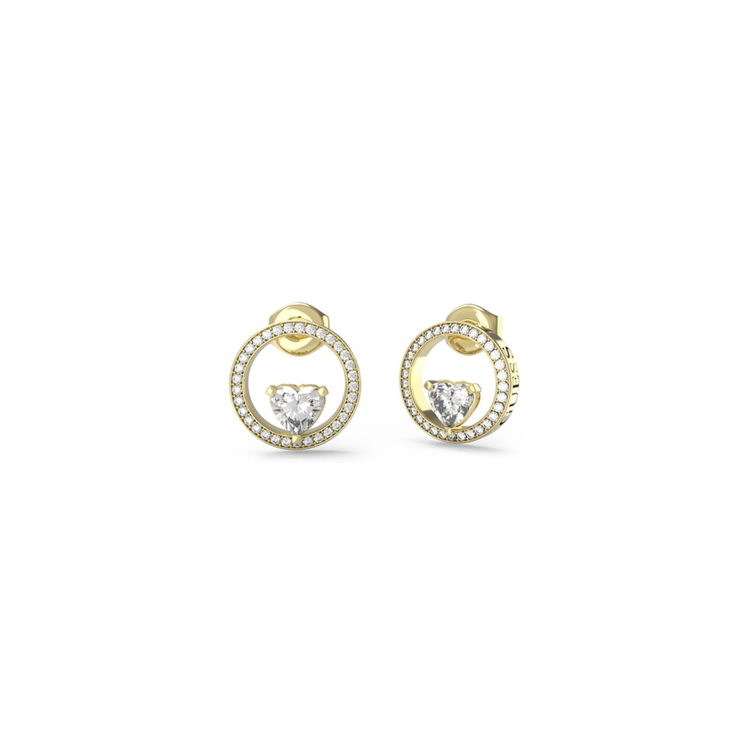 Gold drop earrings with heart-shaped center gem inside circular frame studded with white stones