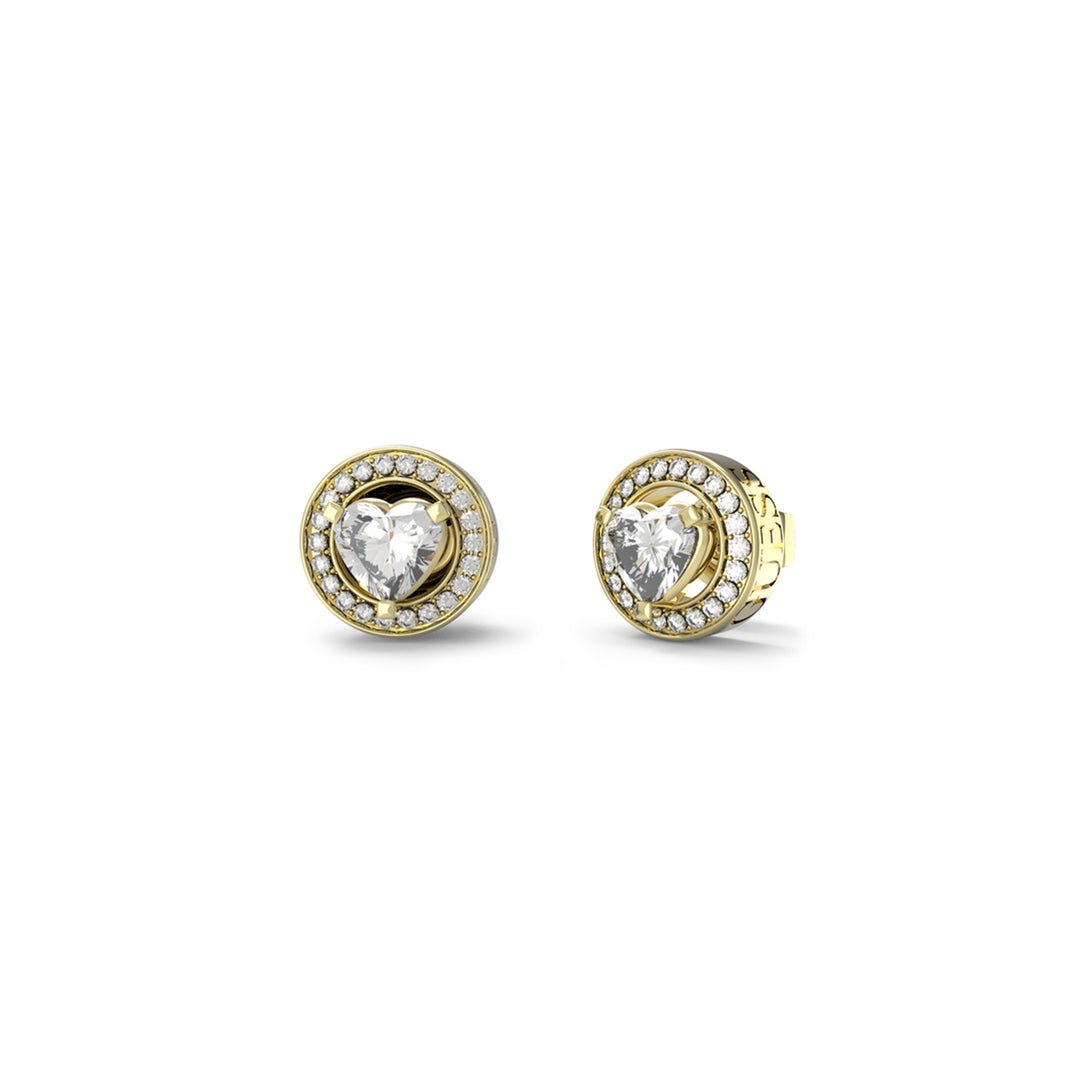 Gold stud earrings featuring heart-shaped central gem surrounded by circular halo of small white stones