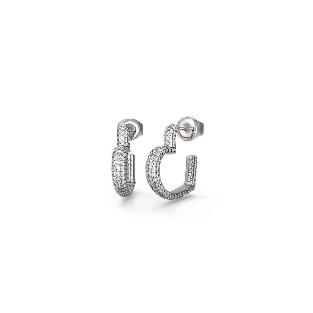 Silver hoop earrings paved with small sparkling crystals on polished metal, stud backing visible