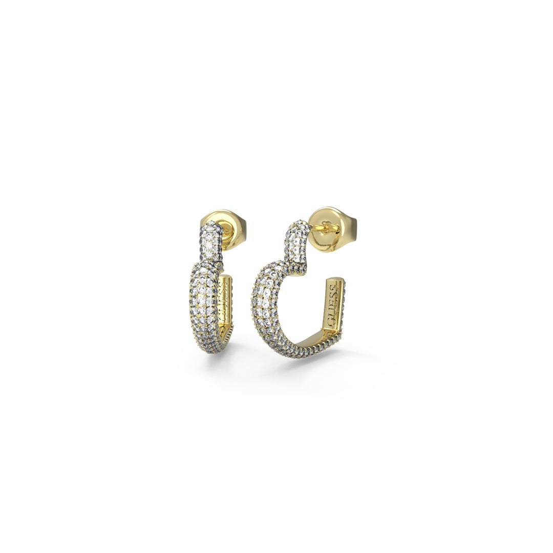 Gold-tone hoop earrings with embedded white stones, smooth metal finish, stud-back closures.