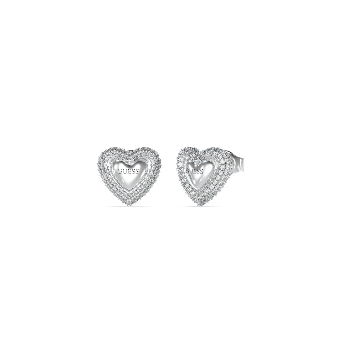 Pair of silver heart-shaped stud earrings set with small sparkling crystals on white background