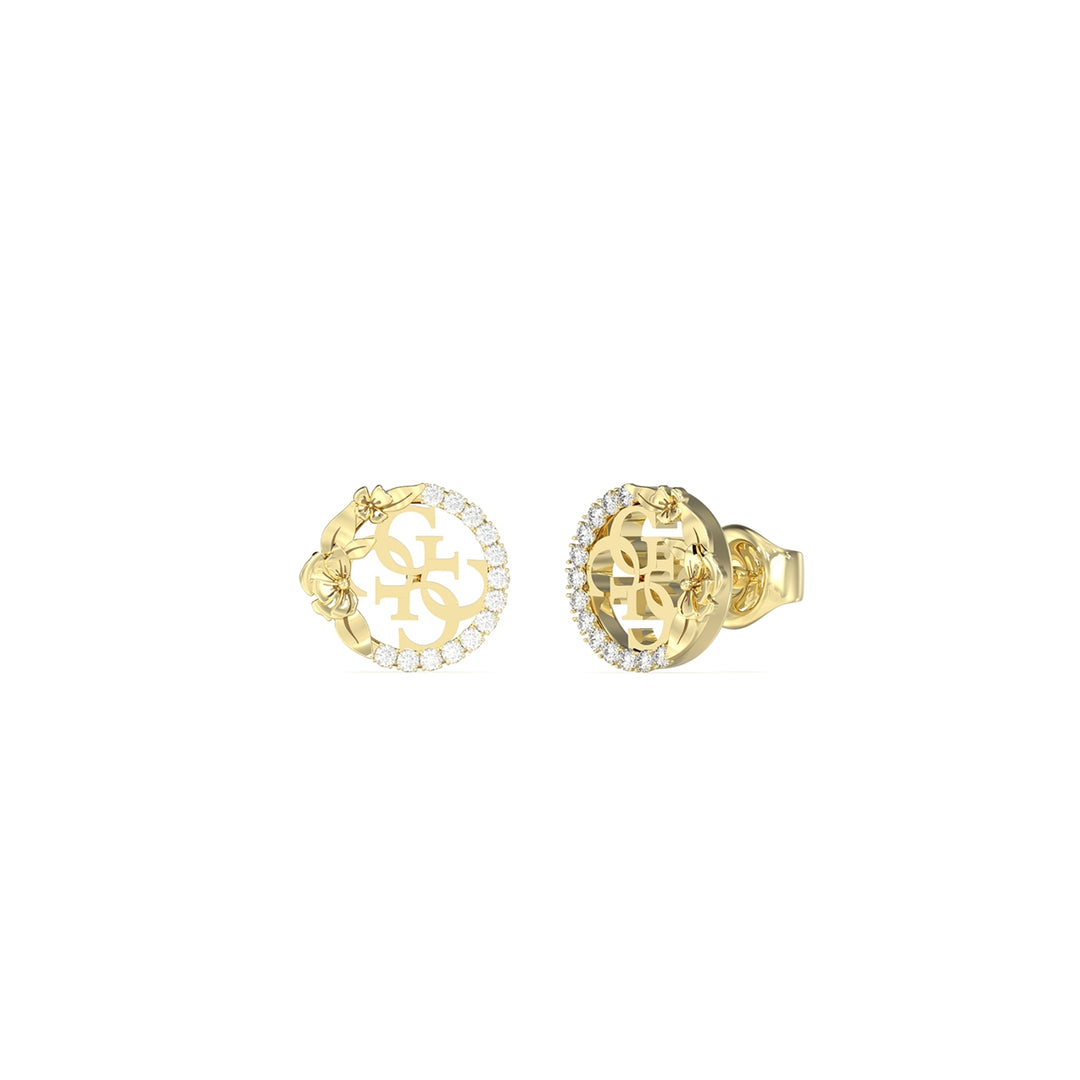 Gold round earrings with floral accents and pavé crystals around edge on white background