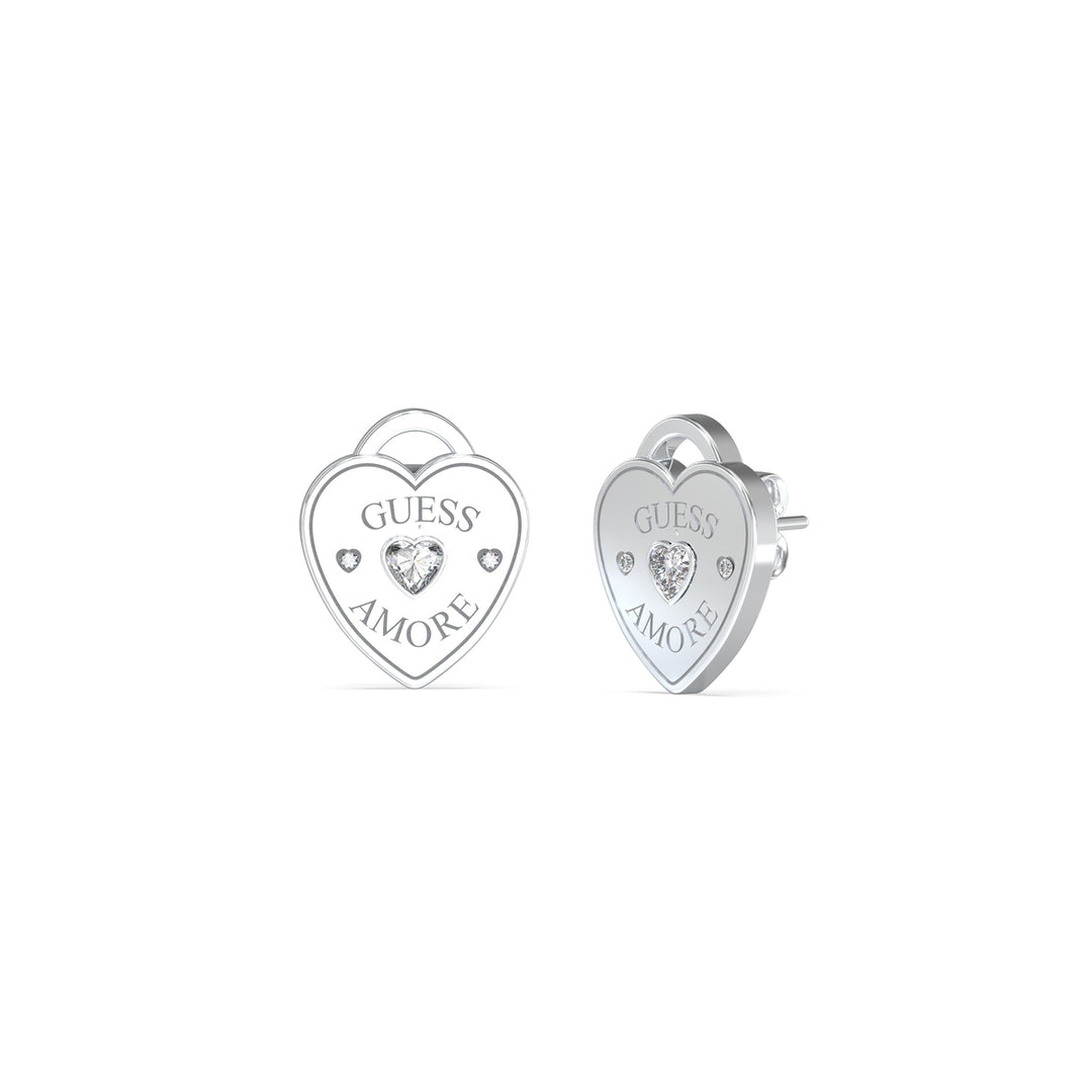 Pair of polished silver heart stud earrings with engraved detail and embedded clear stones on white background