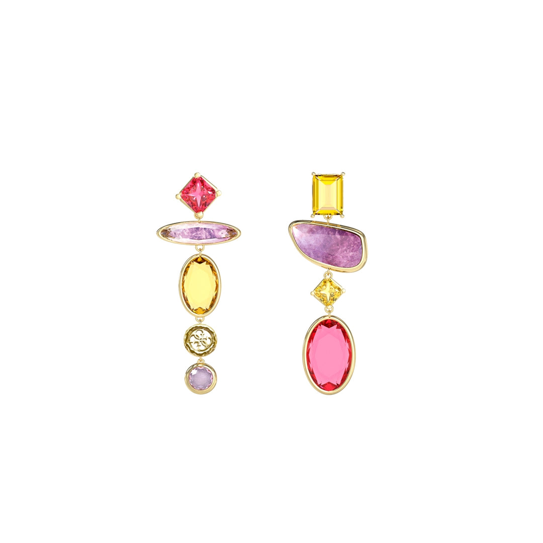Gold drop earrings with pink, yellow and purple faceted gemstones in asymmetrical dangling design for Women