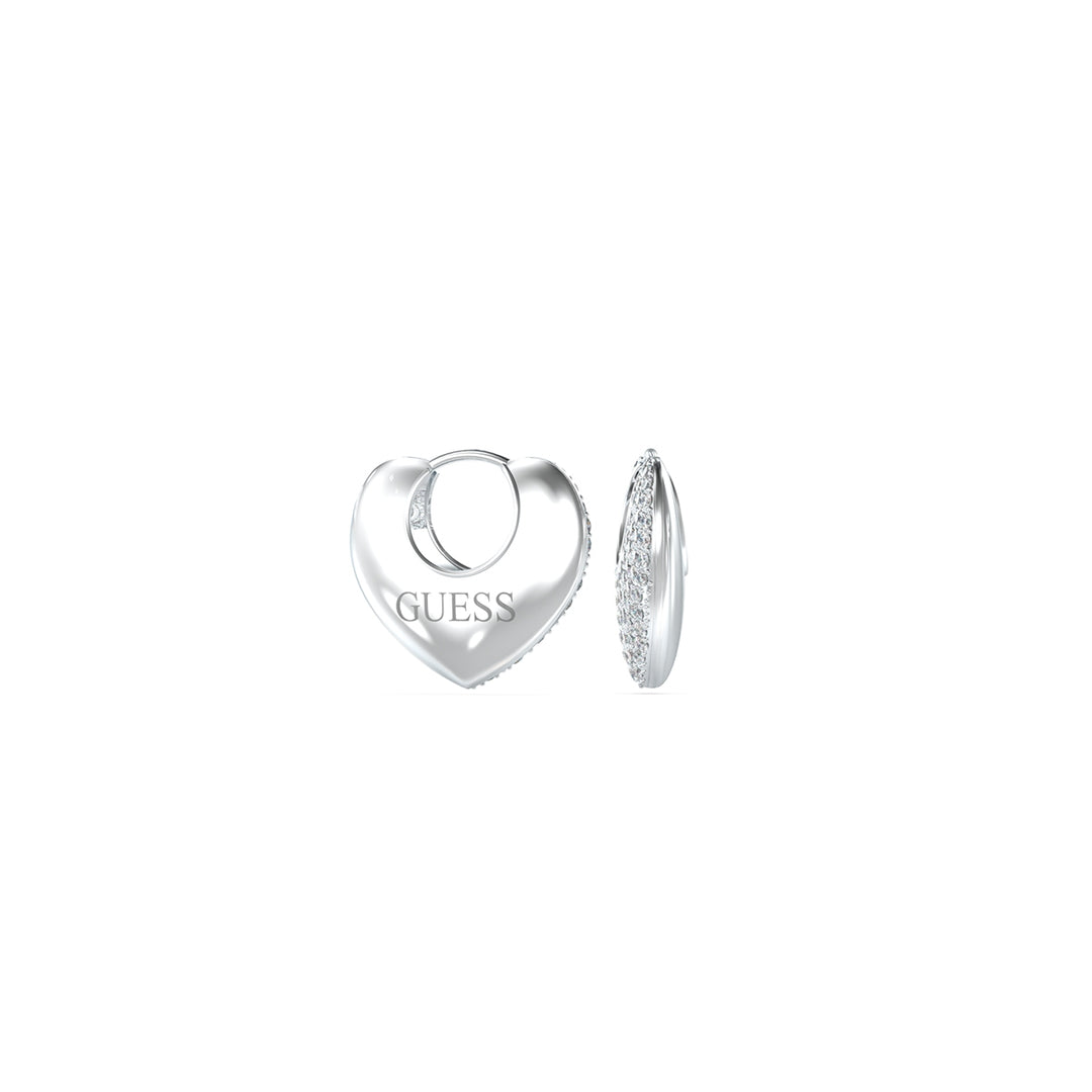 Silver hoop earrings featuring a small heart accent set with pavé stones on one side, polished metal finish, women