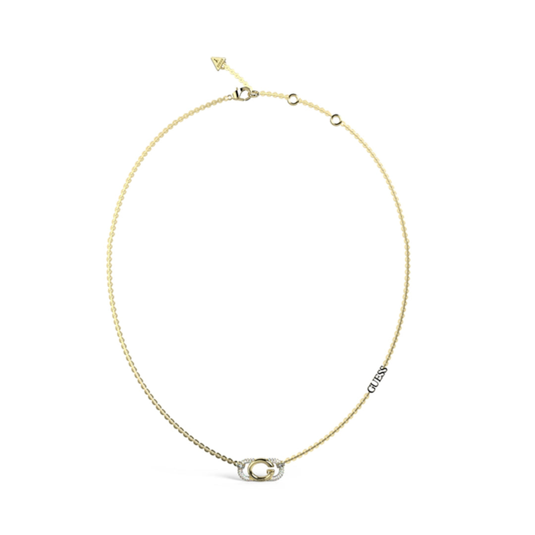 Gold-plated chain necklace with Letter G pendant and small triangular charm on white background