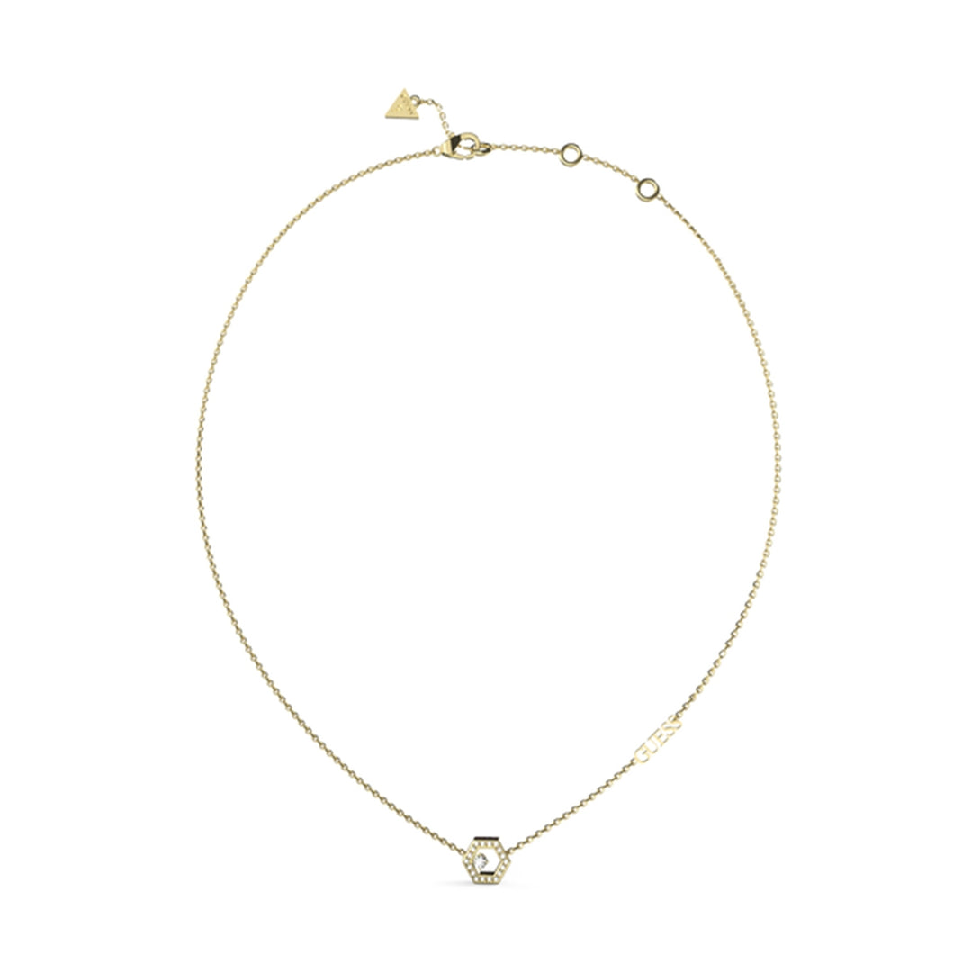 Delicate gold hexagon pendant on fine circular-link chain with small stones and triangular clasp charm