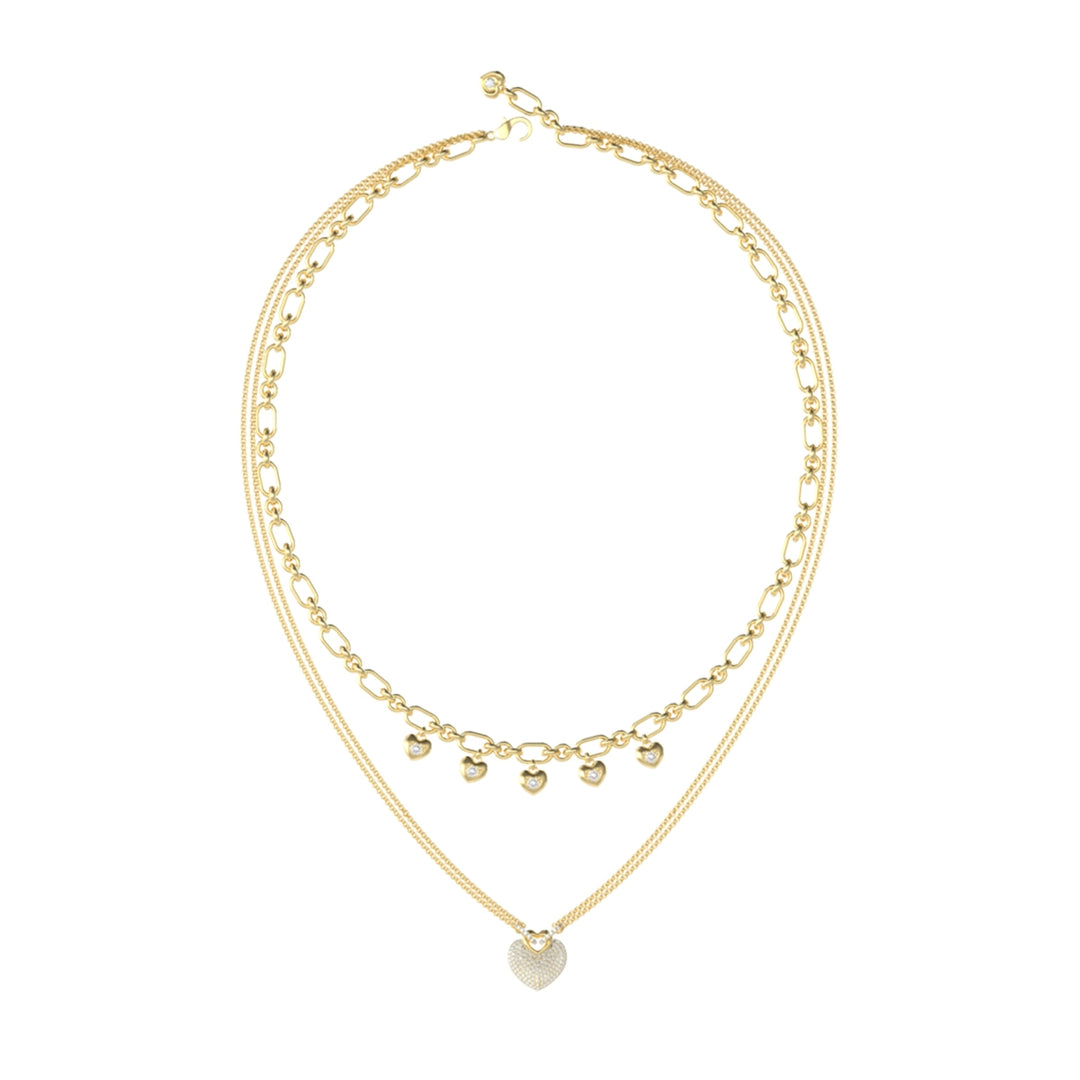 Gold layered double-chain necklace with small heart pendants and tiny embedded stones on display