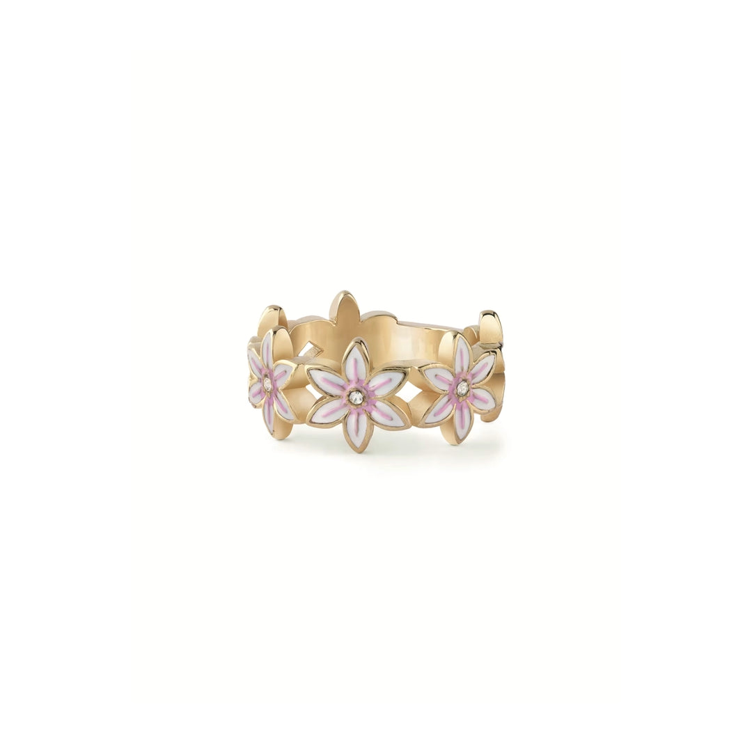 Gold floral ring for Women with pink gemstone center and white accent details on metal band