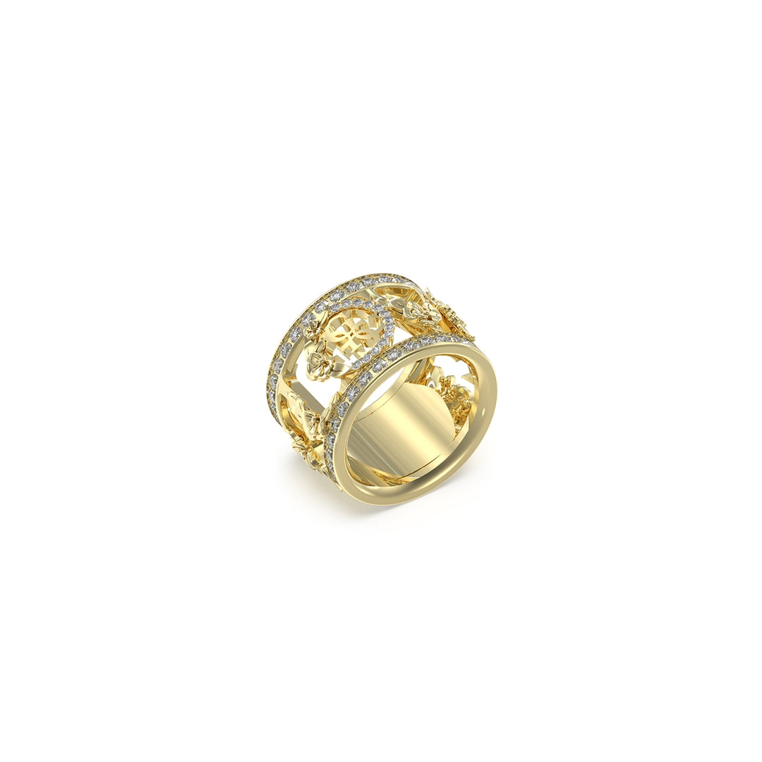 Gold openwork decorative ring with clear embedded stones, ornate lace-like metal pattern, women’s fashion ring
